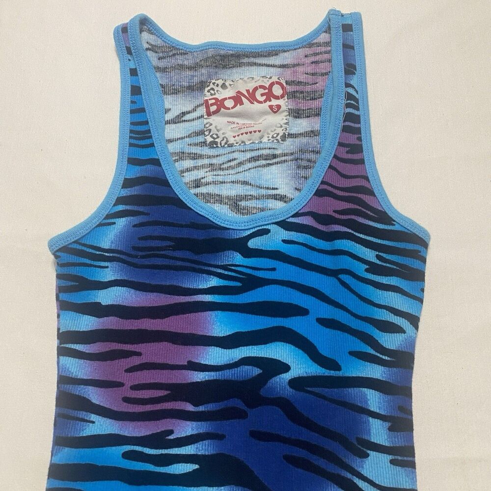 Vintage Y2K Bongo Blue Purple Zebra Print Long Tank Top S 2000s McBling